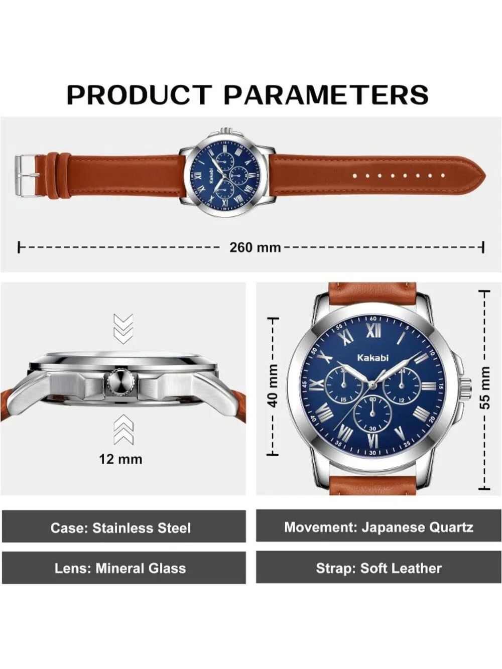 Men's Blue Brown Classic Leather Roman Numeral Quartz Waterproof Wrist Watch